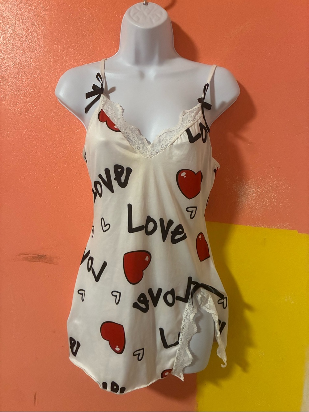 Women’s Cream Satin Lace-Trim Slip Nightdress - Love & Heart Print